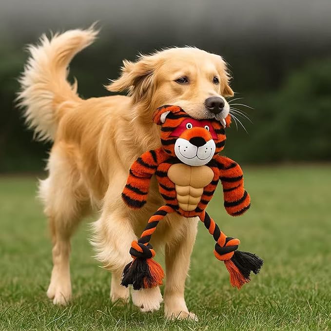 Durable Rope & Plush Dog Toy for Aggressive Chewers – Muscle Tiger Squeaky Tug Toy for Medium & Large Dogs, Interactive Chew & Play