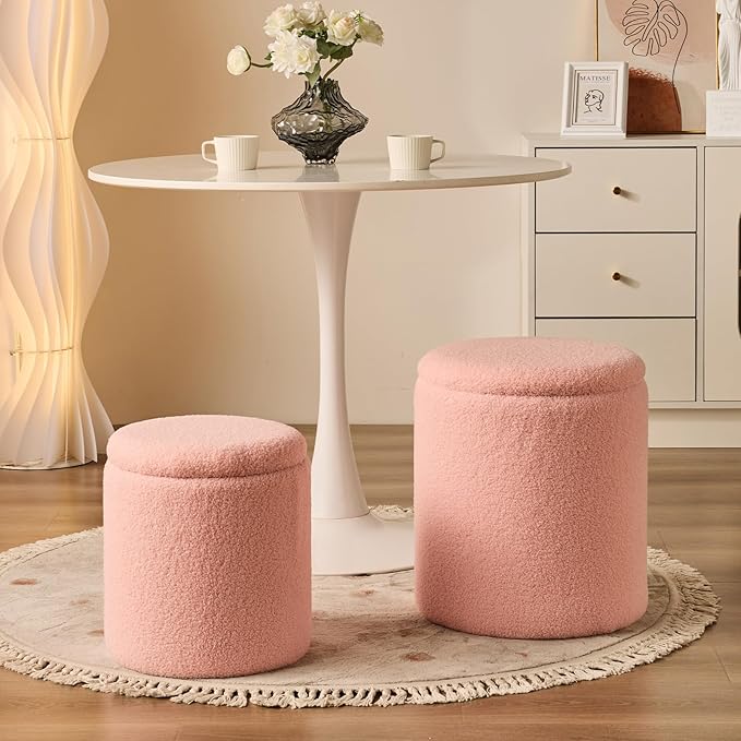 Round Ottoman with Storage Set of 2-Upholstered Sherpa Vanity Stool for MakeupMultifunctional Ottomans Coffee Table Padded Seat Foot Rest for LivingRoom&Bedroom(Sherpa Pink)