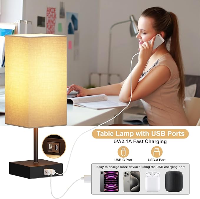 Sailstar Bedside Lamps, Table Lamp with USB C+A Charging Ports, 3 Way Dimmable Touch Control, Small Nightstand Lamps for Bedroom, Home Decor, Living Room, LED Bulbs Included, Upgraded Beige