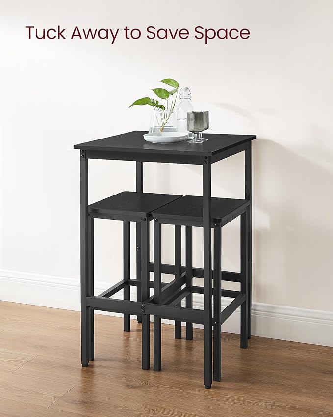VASAGLE Bar Table and Chairs Set, Square Table with 2 Stools, Dining Pub Set for 2, Space Saving for Kitchen Breakfast, Living Room, Party Room, Ebony Black and Ink Black