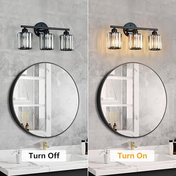 Modern 3 Light Crystal Vanity Light, Plating Black Vertical Bathroom Light Fixture Over Mirror for Dressing Table Sink, Compatible with Dimmable Bulbs (Bulbs Not Included)