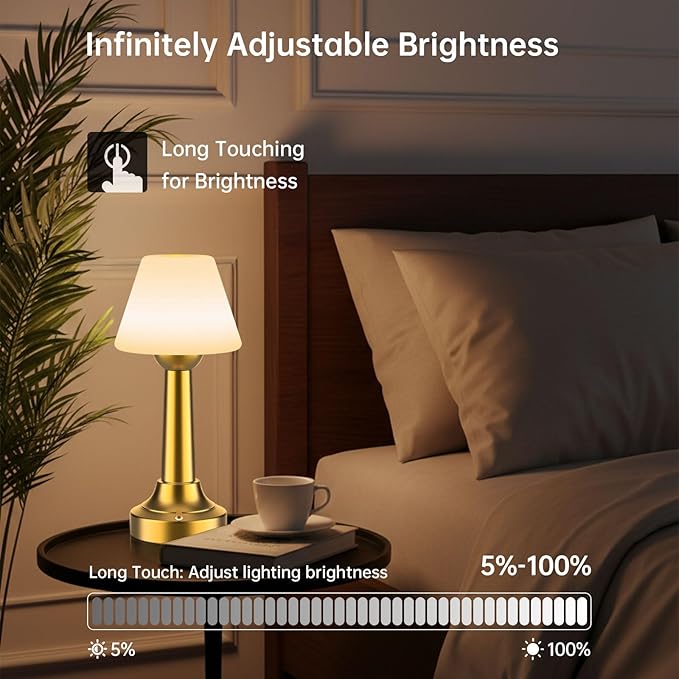 Cordless Table Lamp, Rechargeable Touch LED Lamp with 3 Color Temps & Stepless Dimming, Portable Battery Operated Light for Bathroom, Shower, Bedroom, Patio, Indoor/Outdoor Use, IP65 Waterproof
