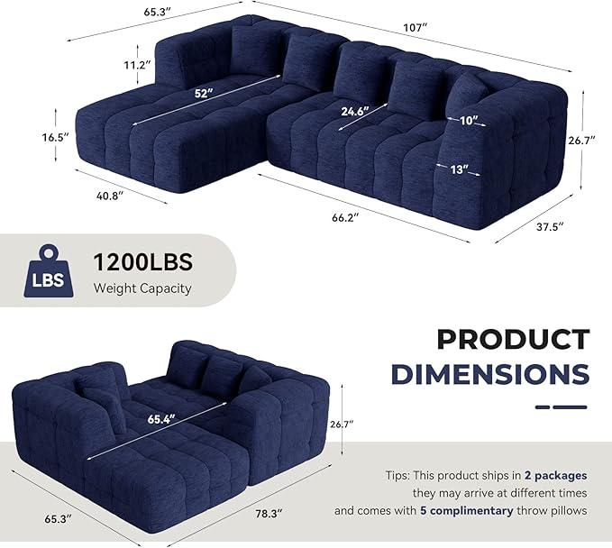 107" Modern Boneless Couch with L - Shaped Chaise, Comfy Chenille Modular Sectional Sofa with Tufted Design, Deep Seat Upholstered Sofa Bed, No - Assembly Sectional Couch, Blue