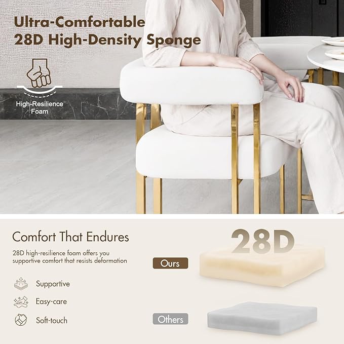 Beige and Gold Modern Dining Chairs Set of 6, Velvet Upholstered Barrel Armchairs with Metal Legs for Kitchen Island, Mid Century Accent Chairs for Dining Room Living Room, Open-Back