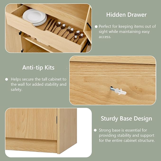 Merax 72" Tall Farmhouse Kitchen Pantry Cabinet with 8 Door Shelves, Curved Design Storage Cabinet with 3 Adjustable Shelves, Hidden Drawer, Versatile Cupboard for Kitchen, Dining & Bathroom, Natural