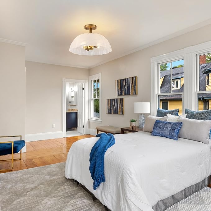 Mid-Century Modern Brushed Gold Semi Flush Mount Ceiling Light,2-Light Pumpkin Design Ceiling Light Fixture with Milky Cloudy Glass Shade,for Living Room,Dining Room,Bedroom,Entryway(15.98 inch)