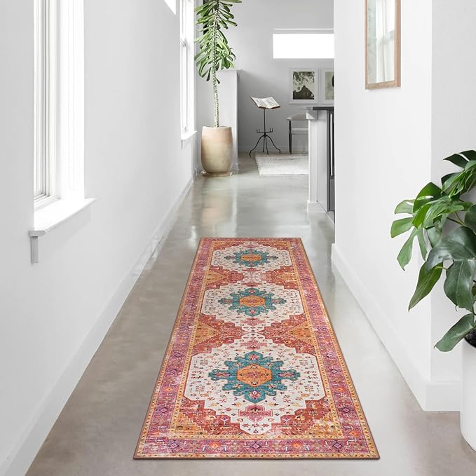 Moynesa Ultra-Thin Washable Pink Long Bathroom Rug - 2x7 Kitchen Carpet Runner, Non Skid Non Shedding Low Pile Bedroom Mat for Laundry Living Room Hall Foyer