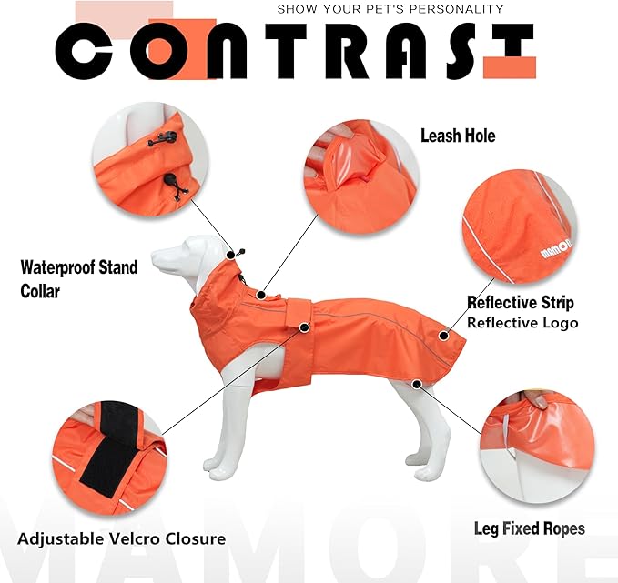 Waterproof Dog Raincoat with Reflective Strip, Adjustable Breathable Rain Coat Jacket with Leash Hole for Dogs (Orange, X-Large)