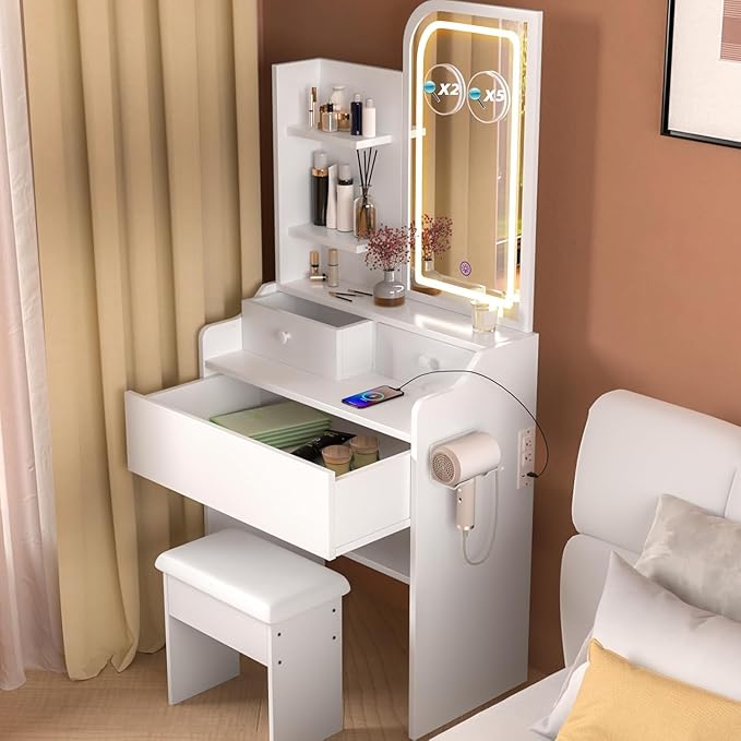 HOMEMORE Small Vanity Desk with Mirror and Lights, Makeup Vanity Desk with 3 Drawers & 3 Shelves, 2X & 5X Magnifying and Power Outlet, Dressing Table for Bedroom,White