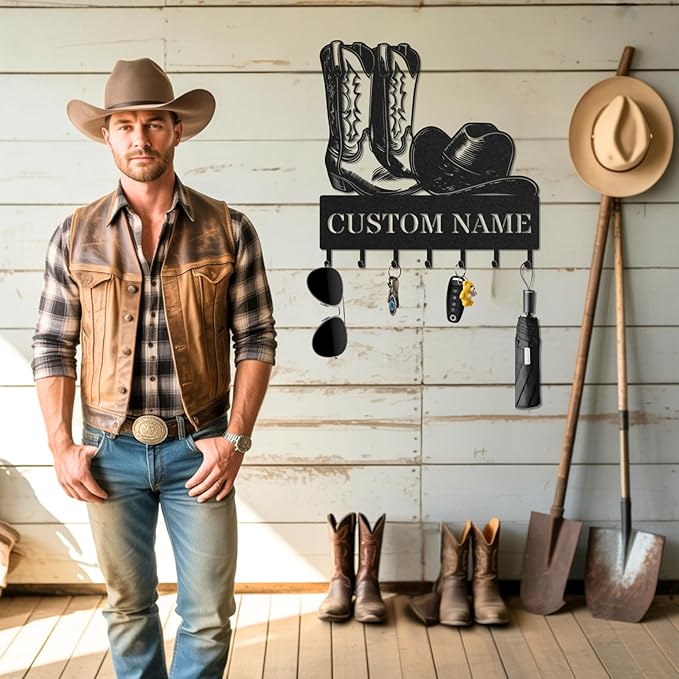 Personalized Key Holder for Wall, Custom Metal Cowboy Key Hooks with Name, Meta Jacket Holder Hooks Organizer Rack, Jacket Hanger Decor for Kitchen, Entryway, Hallway, Office, Doorway