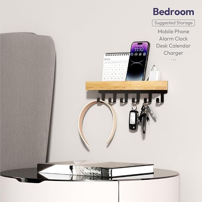 SWTYMIKI Key Holder Wall Mount - Wooden Key Hooks for Wall with Mail Organizer & 6 Hooks, 2 Installation Ways Key Hanger, Key Rack with Shelf for Entryway Living Room Bedroom Office Home Decor Wood