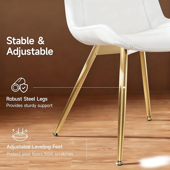 Brage Living Dining Chairs Set of 2, PU Leather Modern Armless Kitchen Dining Room Chairs, Upholstered Accent Side Chairs with Metal Legs (Pearl White, Gold Legs)