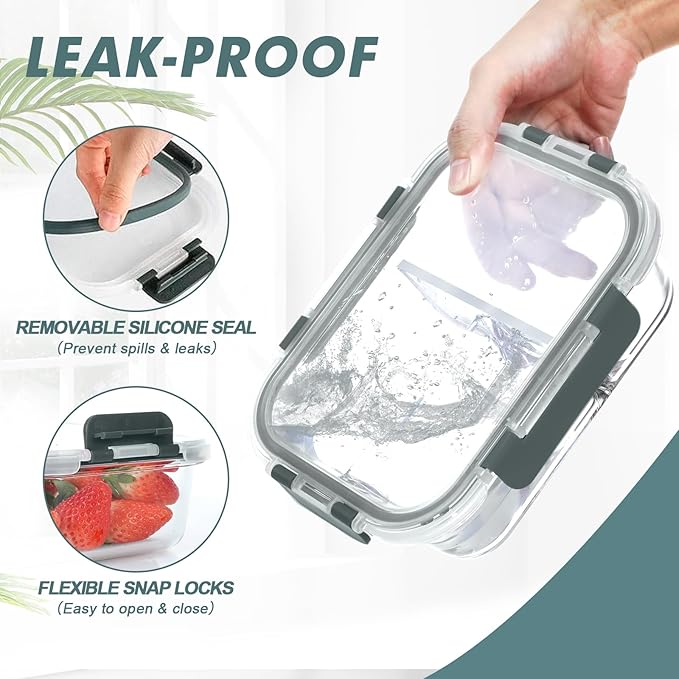 KOMUEE 30 oz 5 Pack Glass Meal Prep Containers 2 Compartments, Glass Food Storage Containers with Lids, Airtight Lunch Box, Microwave, Oven and Freezer Safe