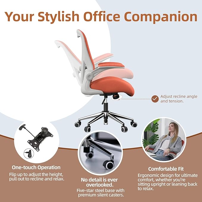 Orange Ergonomic Office Desk Chair, Soft Fabric Thickened Curved seat Cushion with Adjustable Lumbar Support, Perfect Blend of Comfort and Good Looks, Ideal Chair for Home or Office, Orange
