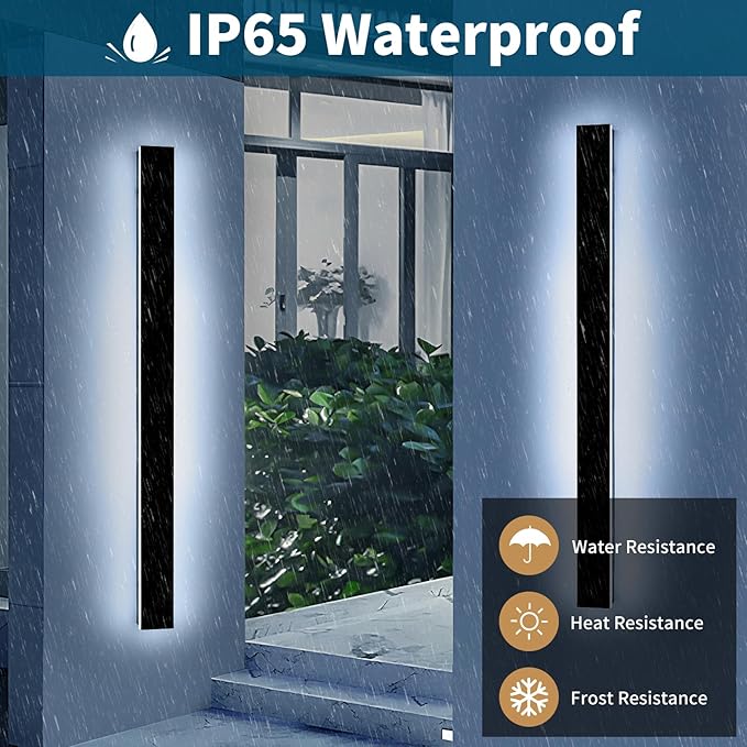 2 Pack 57inch Modern Outdoor Wall Lights, Long Strip Exterior LED Wall Sconce, 6000K Cold White, IP65 Waterproof, 50W, Black Outside Lighting Fixture for Porch, Garden, Fence, Balcony