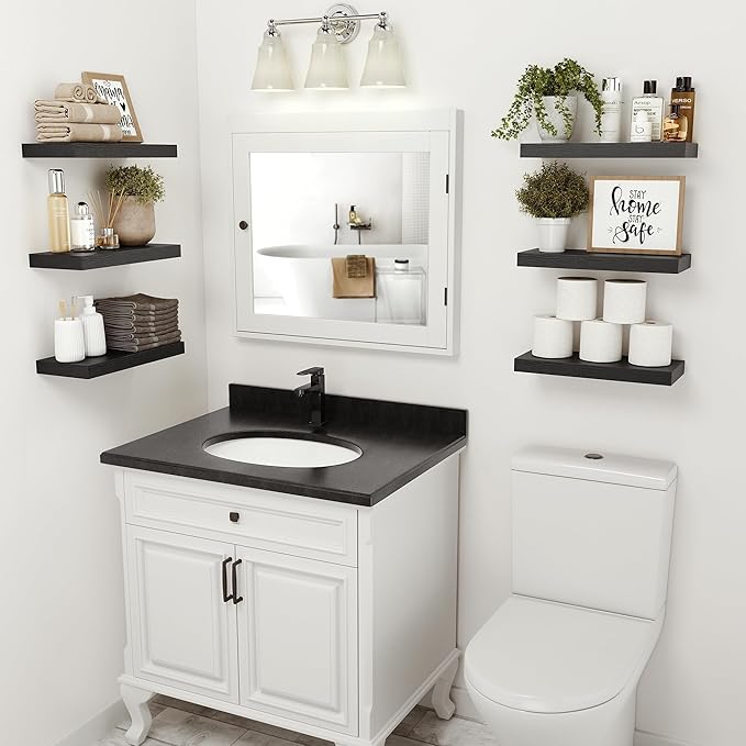 Vivelove Black Bathroom Shelves Over Toilet, 16" Floating Shelves, Wall Shelf for Bathroom Bedroom, Living Room, Kitchen, Office Home Decor, Narrow Shelves with Invisible Brackets Set of 2