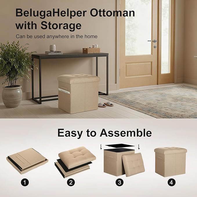 Ottoman with Storage, Small Storage Ottoman Foot Rest with Thicker Foam Padded Seat. 61L Slim Tall Foldable Linen Cloth Foot Stool for Living Room Bedroom, 300lbs Weight Support, 17x13x13IN, Beige