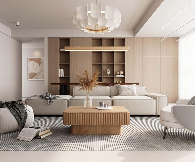 38.6" Lift Top Fluted Coffee Table with Storage, Rectangle Coffee Table with Solid Wood Veneered, Modern Wooden Center Table, Accent Tea Table for Living Room Apartment, Natural