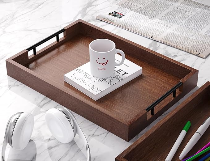 Bamboo Set of 2 Serving Tray with Metal Handles,Ottoman Decorative Trays Platter for Coffee Table,Living Room,Bar,Party(Brown)