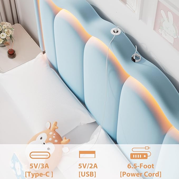 King Upholstered LED Bed Frame with 2 Storage Drawers and Adjustable Chic Double Wavy Headboard, Velvet Princess Platform Bed with Charing Station, Solid Wood Slats Support, No Box Spring Needed,Blue