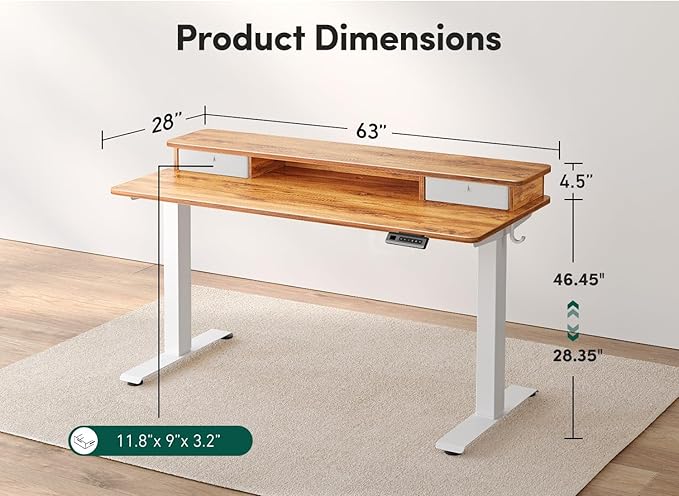 FEZIBO 63 x 28 Inch Deeper Height Adjustable Electric Standing Desk with Double Drawers, Sit Stand Up, Home Office Computer Desk with 4 Height-Adjustable Feets & 2 Hooks, White Frame/Light Rustic Top