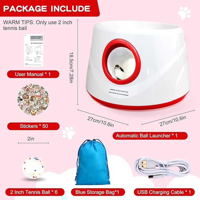 Automatic Ball Launcher for Dogs, Dog Ball Thrower with 19-32-45Ft Distance, Rechargeable Automatic Launcher with 6 Balls (2.2"), Dog Ball Launcher for Small & Medium Red