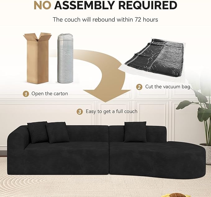 128" Oversized Modern Curved Sofa,Boneless Cloud Sectional Couch with Deep Seat,No Assembly Required Corduroy Couches for Living Room,Black,1 PCS