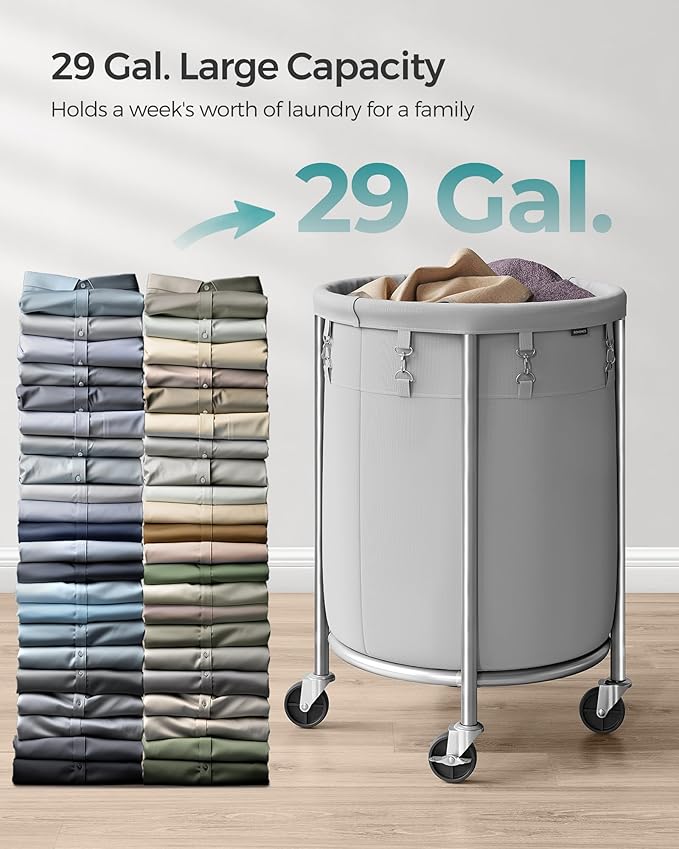 SONGMICS 29-Gallon (110 L) Laundry Basket with Wheels, Rolling Round Heavy-Duty Laundry Hamper Cart with Steel Frame and Removable Bag, 2 Locking Wheels, Gray and Metallic Silver URLS002G01