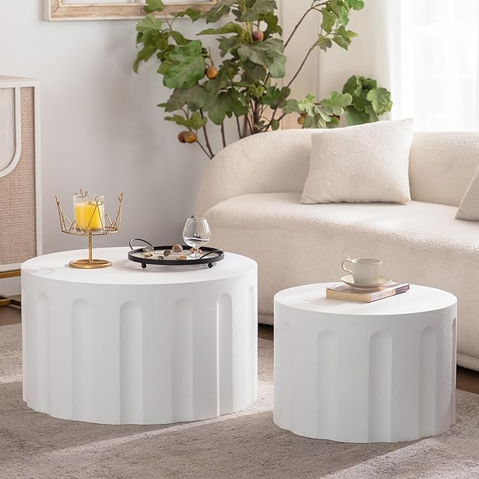 Round Nesting Coffee Table Set of 2, Round Fluted Coffee Tables for Living Room Modern Nesting End Side Tables for Small Spaces (B White)