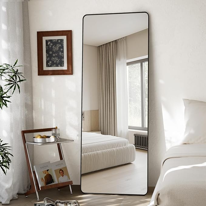 VooBang Round Corner Mirror Full Length, 66" x 23" Floor Mirror with Stand, Matte Aluminum Alloy Frame Full Body Mirror, Standing Hanging or Leaning for Bedroom and Living Room, Black