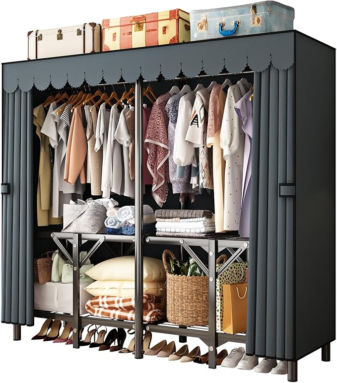 Gray Large Portable Armoire Wardrobe Closet with Foldable Clothing Wardrobe 25MM Steel Pipe Metal Frame Clothes Rack,One Piece Folding Design