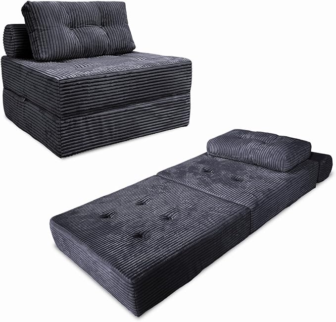 Folding Sofa Bed Futon, Boneless Couch, Supportive Sleeper Chair with Pillow, Comfy Plush Corduroy Fabric, Cozy Floor Couch, Versatile Convertible Mattress for Living Room, Dark Grey