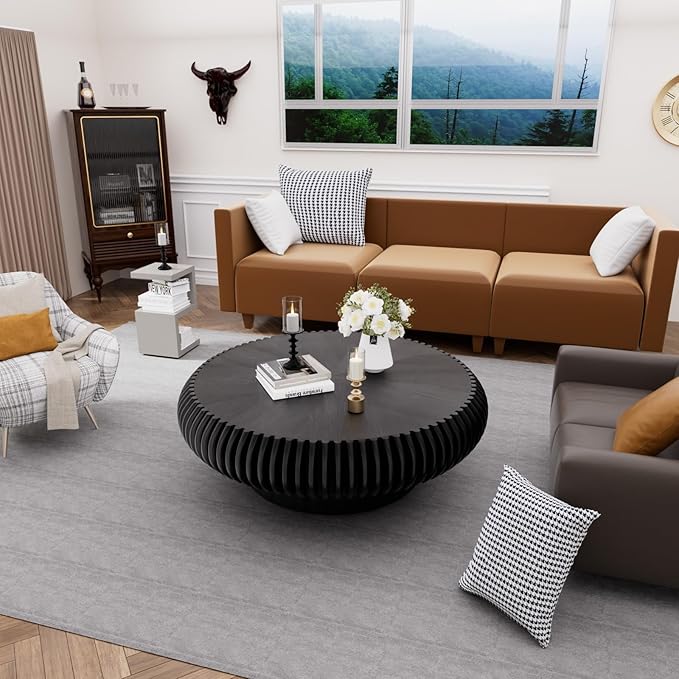 Round Drum Coffee Table for Living Room, Mid Century Modern Coffee Table with Sturdy Pedestal, Farmhouse Fluted Circle Center Table Accent Tea Table for Apartment (Large Black)