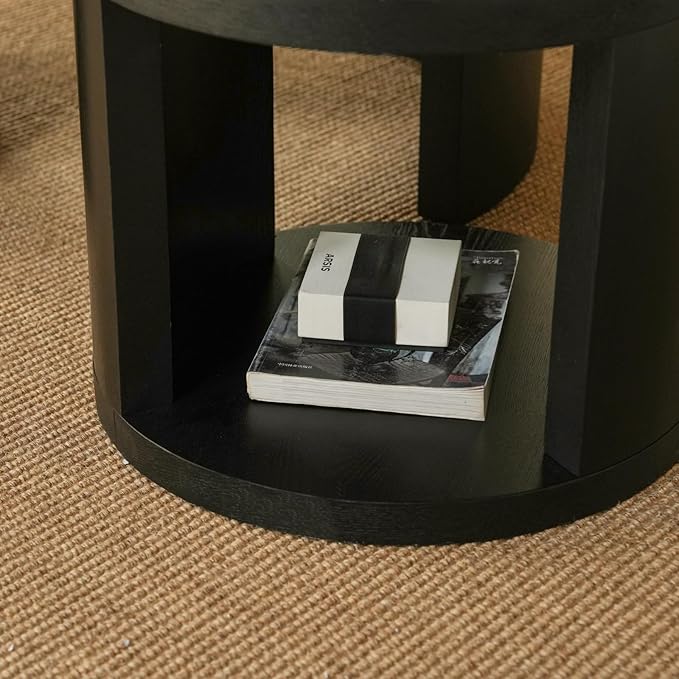 Round Nesting Coffee Table Set of 2, 31.5" Large and 18" Small Low Tables, Modern Wood Grain Tables for Living Room, Black