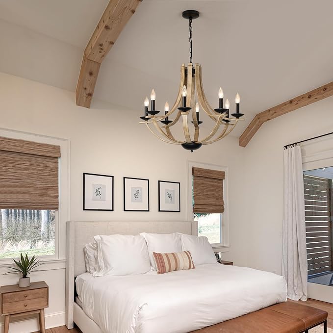 Farmhouse Chandeliers for Dining Room Light Fixture, 8-Light 28" Adjustable Height Retro Faux Wood Texture Rustic Light Fixtures for Living Room Bedroom Kitchen Island Foyer Entryway