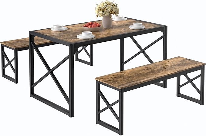 VECELO Kitchen Dining Table Benches Set for 4, 55" Wooden Dinette with 2 Benches, Heavy-Duty Dining Room Table for Small Space, Breakfast Nook, Brown