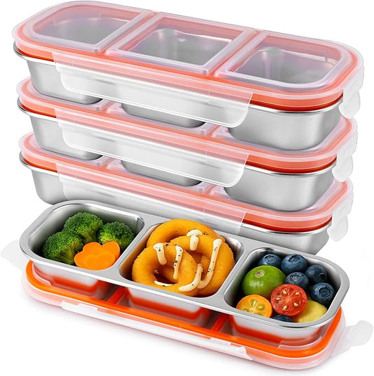 3 Pack Stainless Steel Snack Containers with Lids, 3 Compartment Food Storage Containers, Stackable Metal Divided Snack Box for Salads Picnic, Reusable Bento Lunch Box for Home Work Travel