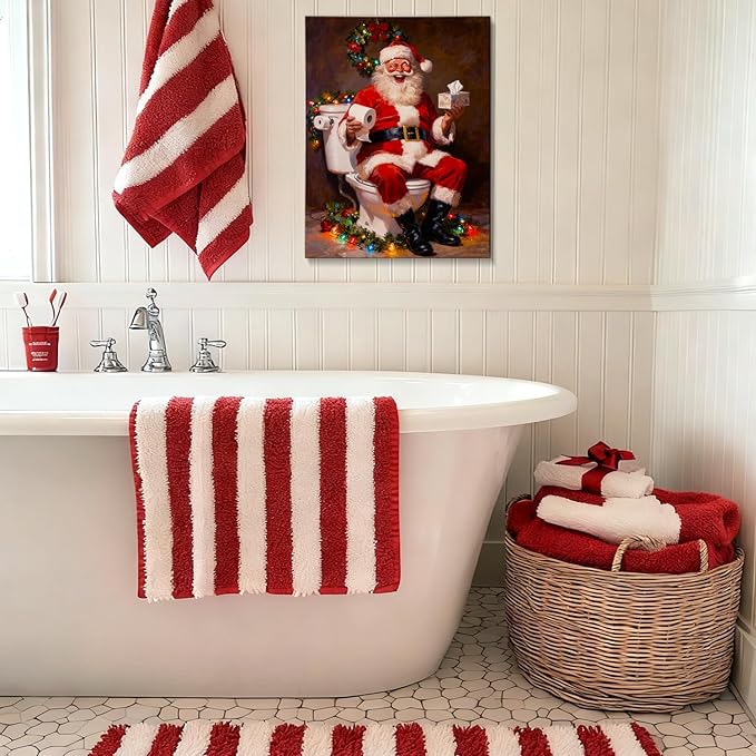 Funny Santa Claus Christmas Canvas Wall Art - Humorous Bathroom & Office Framed Print Ready to Hang, Unique Christmas Gifts for Family, Festive Winter Decor & Amusing Christmas Decorations