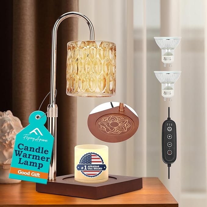 APSARAS USA Candle Warmer Lamp with Timer,Adjustable Height Candle Warmer,Dimmable, Home Decor,Wax Warmer Lamp for Jar Candles with 2 Bulbs and Life Flower Wooden Base,Gift Box for Her/Him(TD1290)