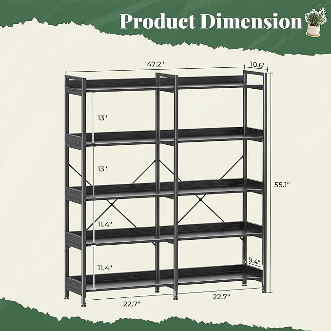 Huuger 5 Tier Bookshelf, Display Bookshelf with 10 Open Shelves and Raised Baffle, 47.2 Inch Straight Wide Bookcase with Metal Frame and Wooden Board, Adjustable Feet, Black