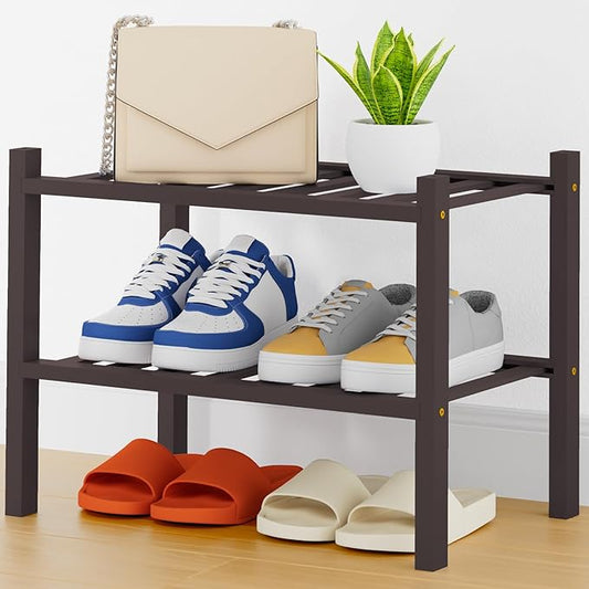 Smiry Shoe Rack, 2 Tier Thick Small Bamboo Shoe Organizer, Stackable Free Standing Wooden Shoe Storage Shelf for Closet, Entryway, Front Door Entrance, Brown