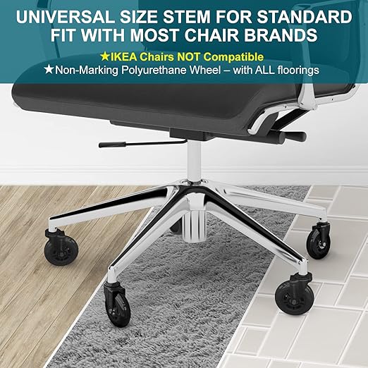 TICONN Office Chair Caster Wheels Set of 5 for Tile, Hardwood Floors and Carpets, Universal Fit for Most Chairs (Black)