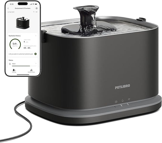 PETLIBRO Upgrade Cat Water Fountain, Dockstream 2 Smart App Monitoring Pet Water Fountain for Cats Indoor, 3L/101oz Cat Fountain Stainless Steel Tray for Drinking, 5G WiFi Auto Cat Water Dispenser Dog