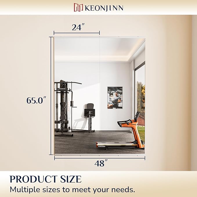Keonjinn Home Gym Mirror, 65" x 24" - 2PCS Workout Mirrors for Home Gym, Frameless Tempered Glass, Full Body Wall Mirrors for Fitness Exercise, Yoga Room, Dance Studio, Bedroom, Garage