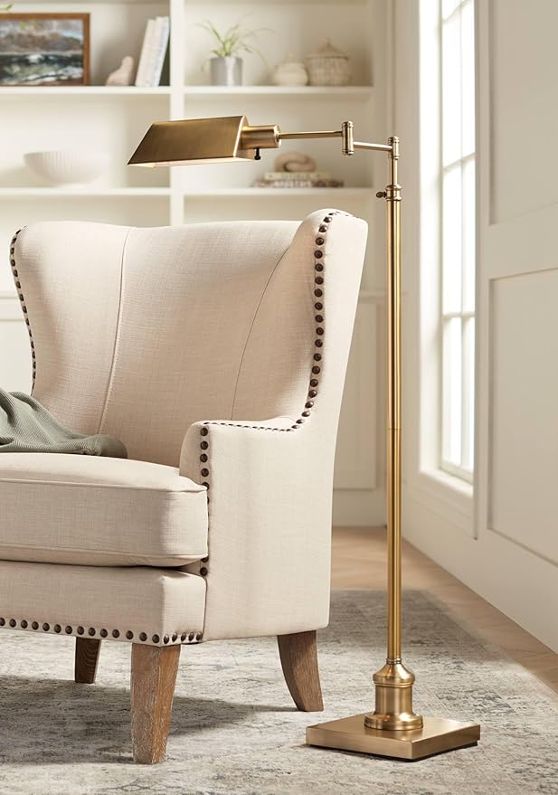 Regency Hill Jenson Traditional Farmhouse Metal Adjustable Pharmacy Floor Lamp Swing Arm 54" Tall Aged Brass Metal Shade Standing Pole Light for Living Room Reading House Bedroom Home Office