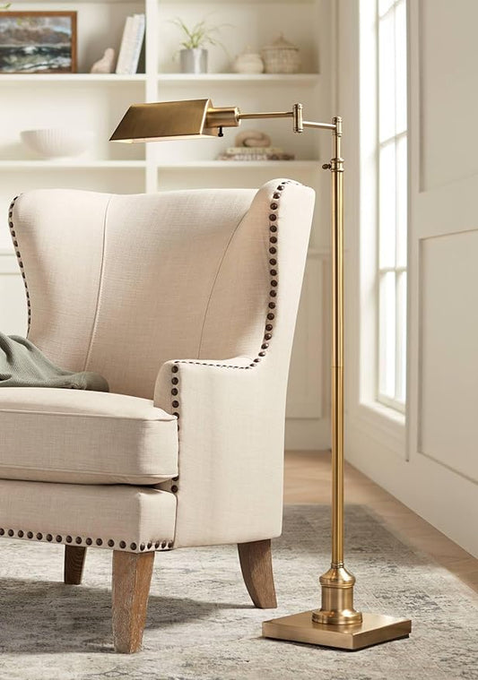 Regency Hill Jenson Traditional Farmhouse Metal Adjustable Pharmacy Floor Lamp Swing Arm 54" Tall Aged Brass Metal Shade Standing Pole Light for Living Room Reading House Bedroom Home Office