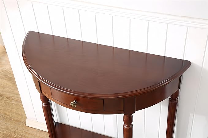 Solid Wood Console Table with Drawer, Semi-Circle Entryway Storage Shelf, Half-Moon Porch Table Side Elegant Vintage Sofa for Living Room (Walnut-Colored (35.4" L x 15.0" W x 34.4" H))