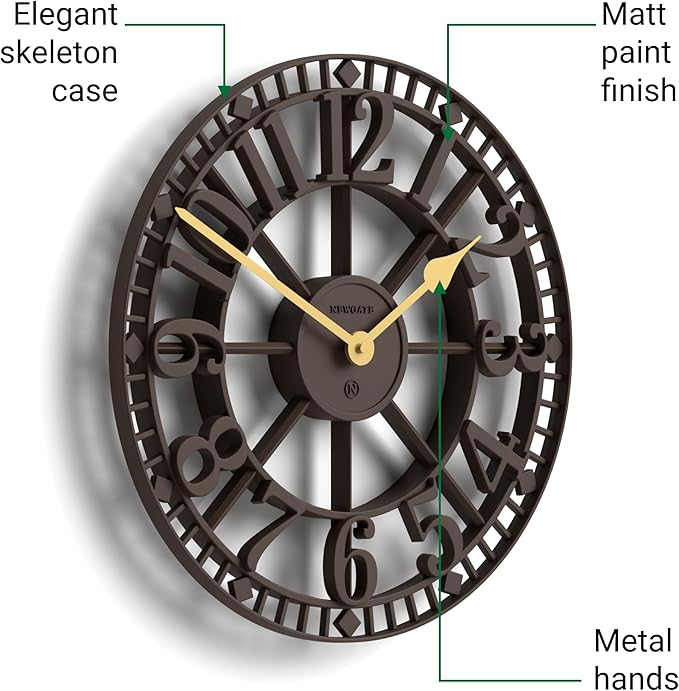 NEWGATE® Warehouse Wall Clock | Skeleton Clock | 16 inch | Mocha Brown with Brass Hands | Contemporary Vintage Style for Kitchen, Living Room or Office