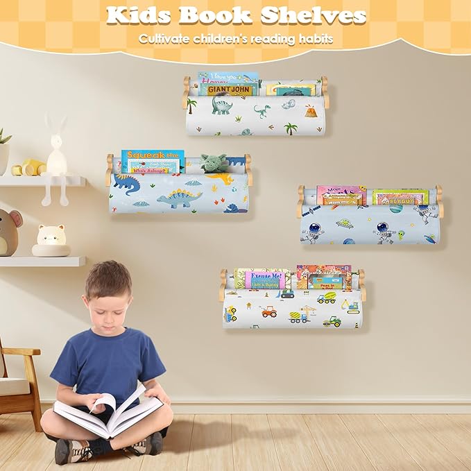Floating Book Shelves for Wall Set of 4 Wood Nursery Bookshelves for Kids Room 16.9 Inch Kids Bookshelf for Books Toys and Decor,Wall Mounted Storage for Baby Boys Girls Bedroom Living Room