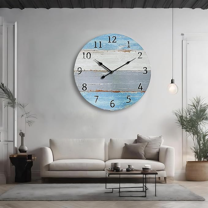 Large Wall Clock for Living Room Decor，24 Inch Blue Round Wood Clock for Bedroom,Coastal Vintage Rustic Clock for Farmhouse Kitchen